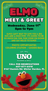 oin UNOs Pizzeria Winter Garden for hugs, high-fives, and lots of giggles at our Elmo Meet & Greet! 